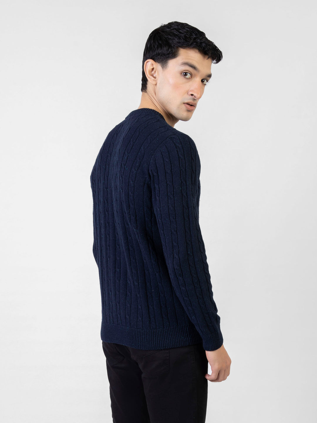 Navy Blue Neppy Cable Knitted Crew Neck Jumper