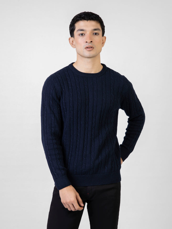 Navy Blue Neppy Cable Knitted Crew Neck Jumper