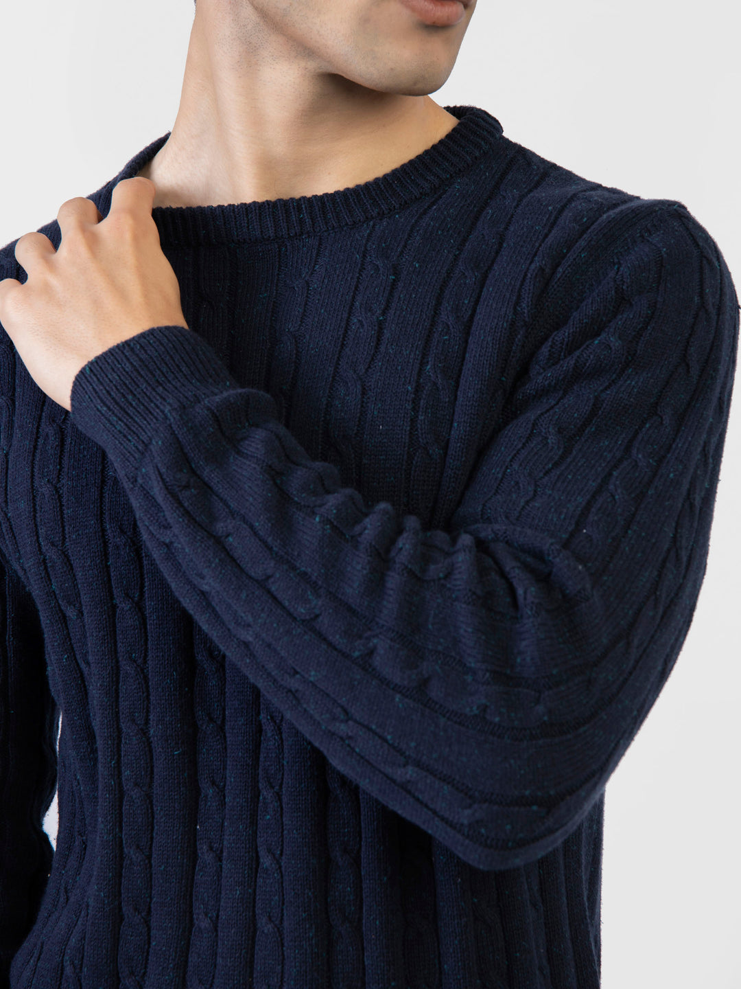 Navy Blue Neppy Cable Knitted Crew Neck Jumper