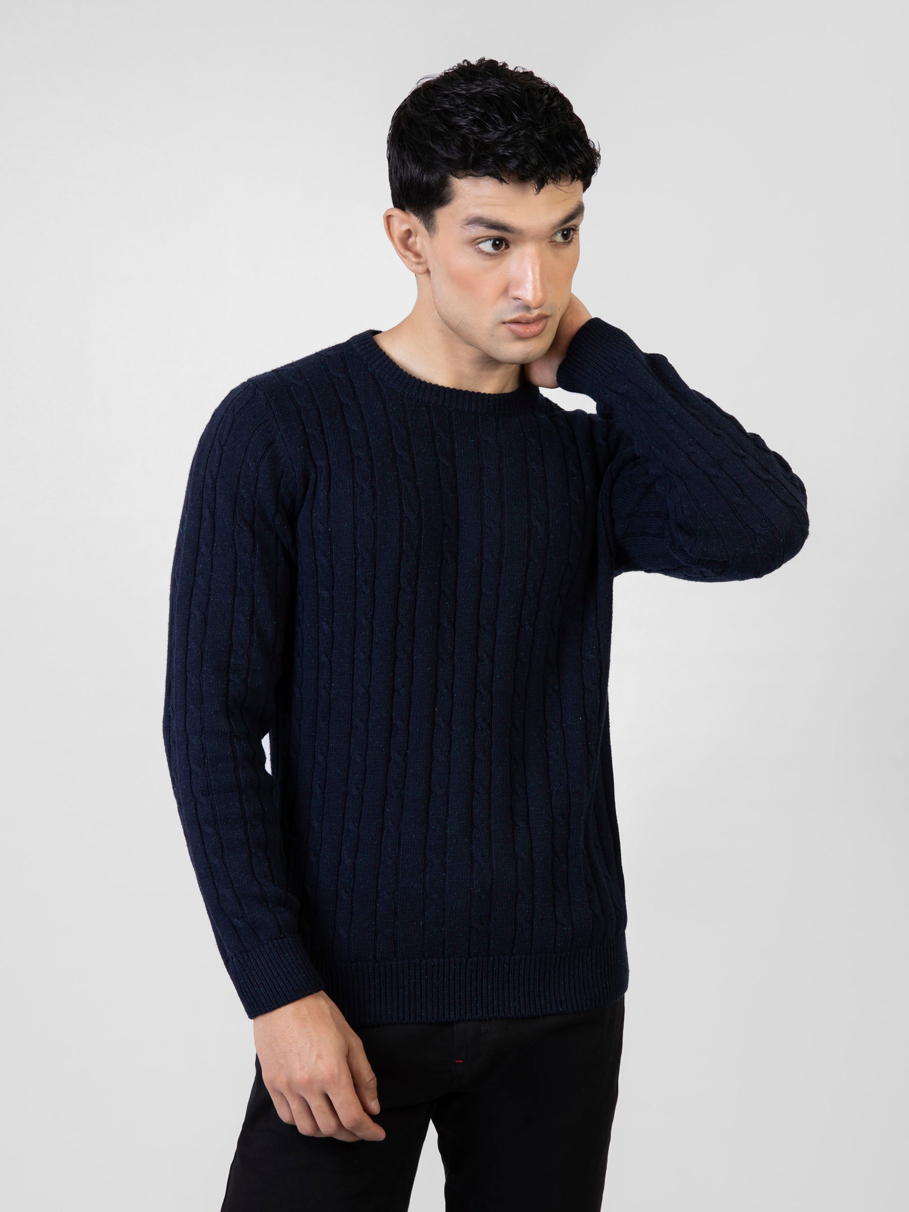 Navy Blue Neppy Cable Knitted Crew Neck Jumper | Brumano Pakistan
