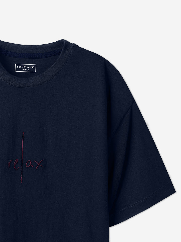 Navy Blue Oversized T-Shirt With Minimalist 'Relax' Embroidery - Women