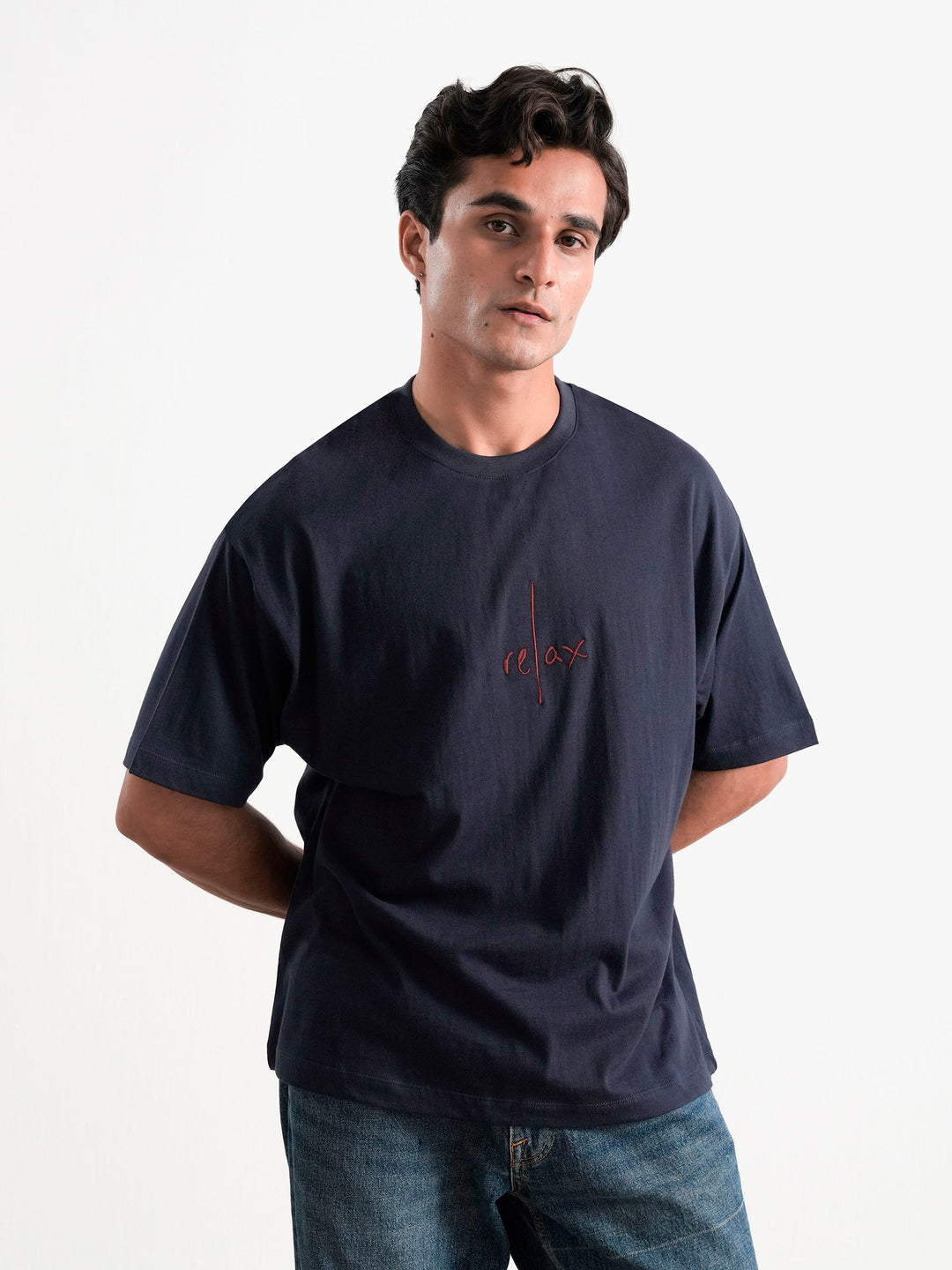 Navy Blue Oversized T-Shirt With Minimalist 'Relax' Embroidery