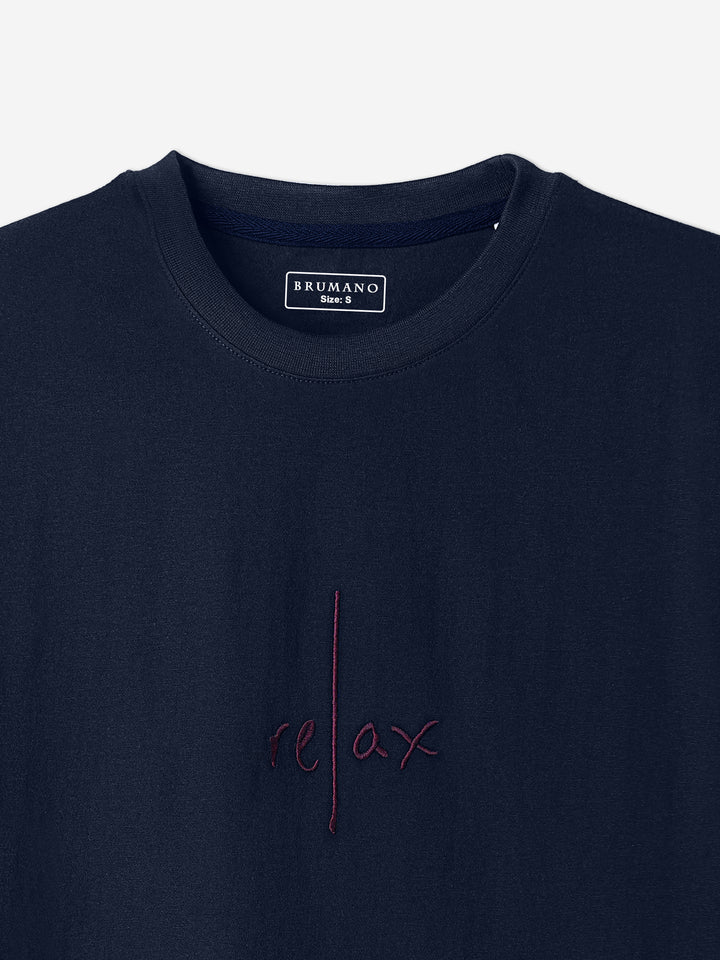 Navy Blue Oversized T-Shirt With Minimalist 'Relax' Embroidery - Women