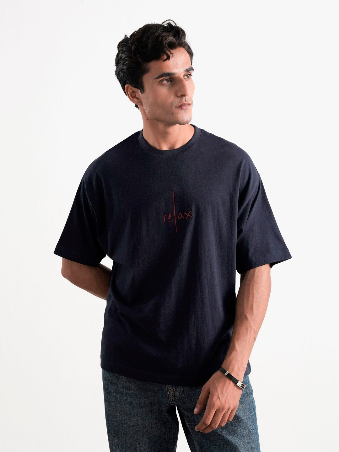 Navy Blue Oversized T-Shirt With Minimalist 'Relax' Embroidery