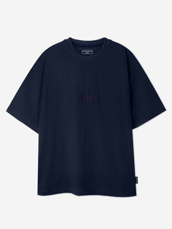 Navy Blue Oversized T-Shirt With Minimalist 'Relax' Embroidery