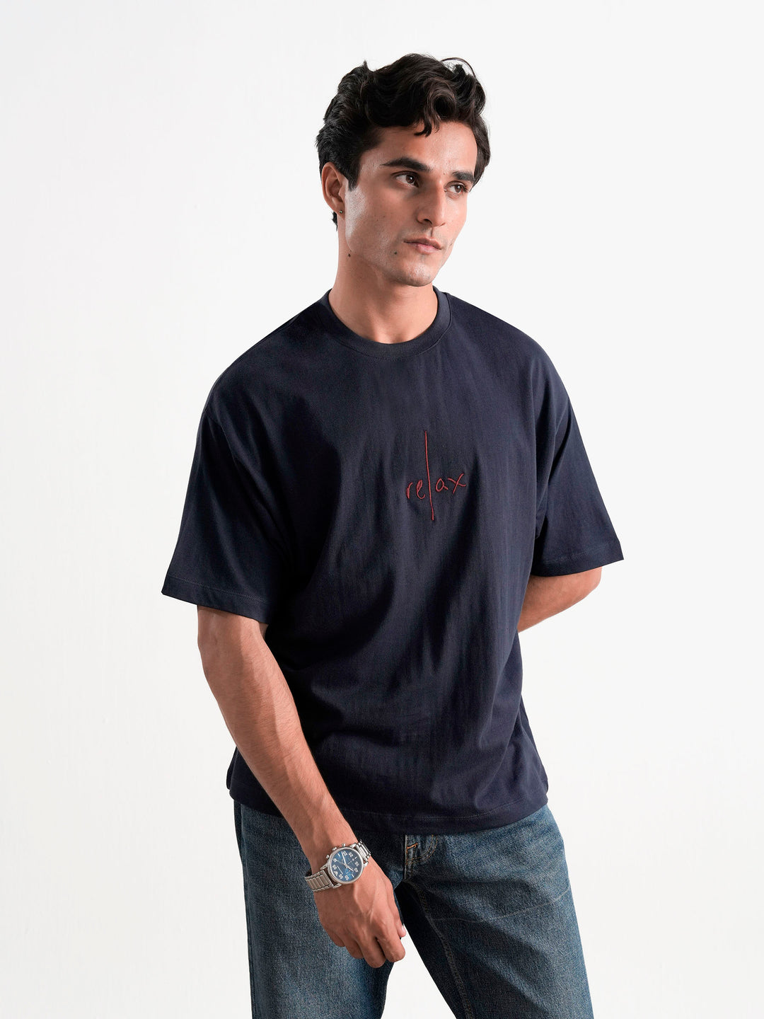 Navy Blue Oversized T-Shirt With Minimalist 'Relax' Embroidery
