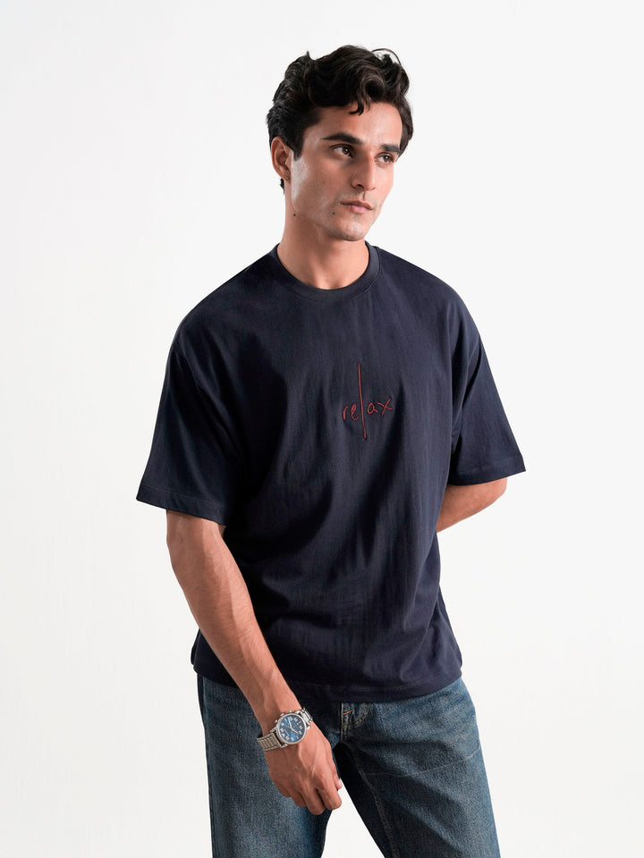 Navy Blue Oversized T-Shirt With Minimalist 'Relax' Embroidery