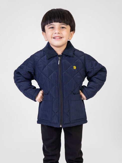 Navy Blue Padded Jacket With Corduroy Collar