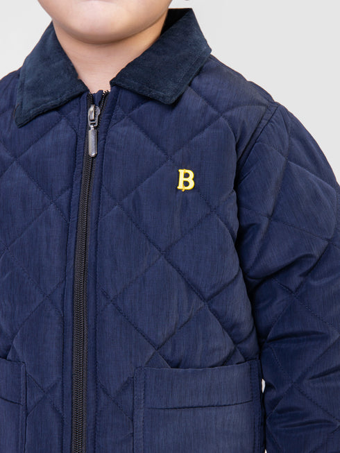 Navy Blue Padded Jacket With Corduroy Collar