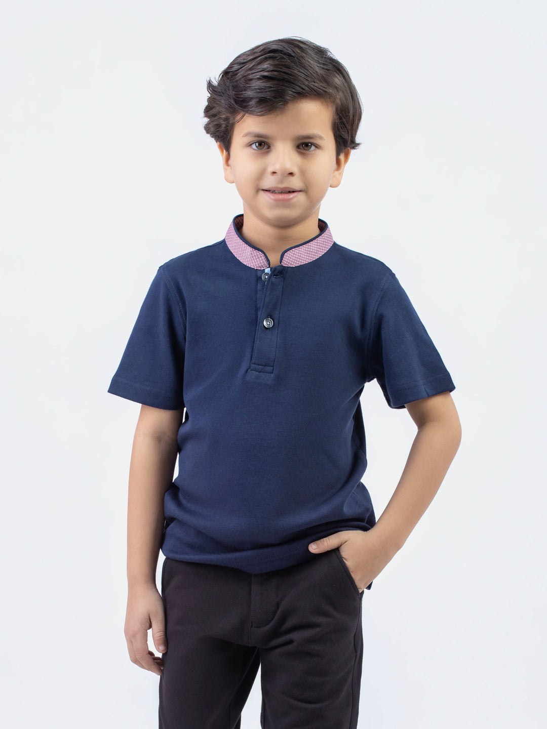 Navy blue pima cotton mao collar casual polo