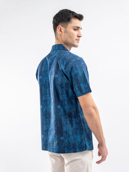 Navy Blue Printed Cuban Collar Shirt