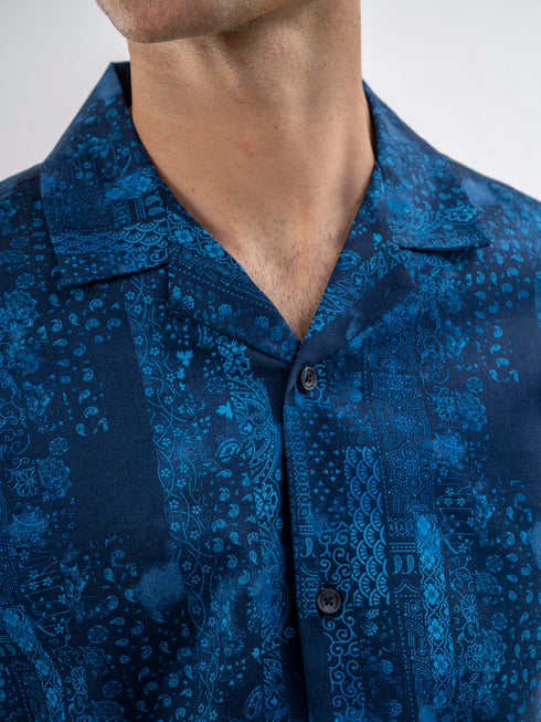 Navy Blue Printed Cuban Collar Shirt