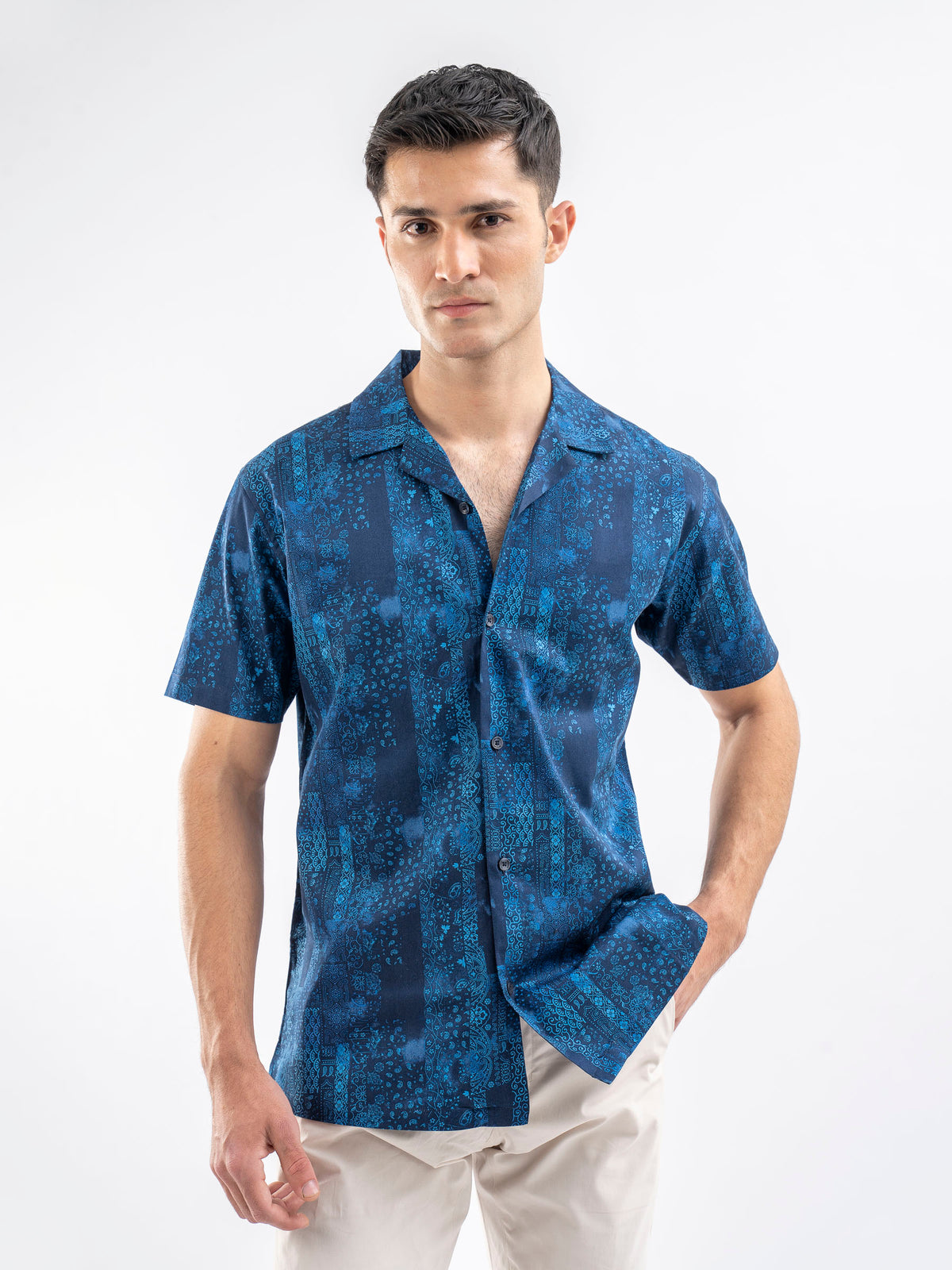 Men's Navy Blue Printed Cuban Collar Co-Ords Set