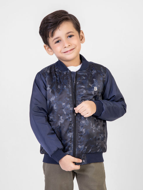 Navy Blue Printed Quilted Bomber Jacket