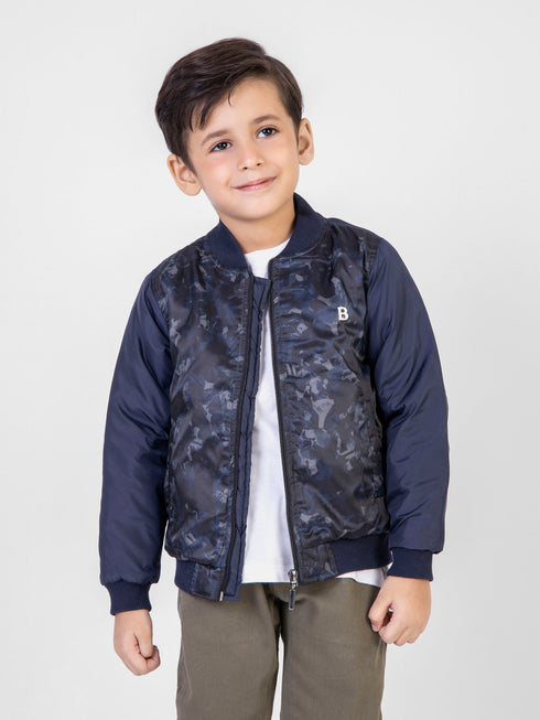 Navy Blue Printed Quilted Bomber Jacket