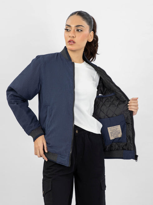 Navy Blue Quilted Bomber Jacket With Contrasting Rib - Women