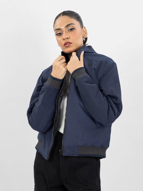 Navy Blue Quilted Bomber Jacket With Contrasting Rib - Women