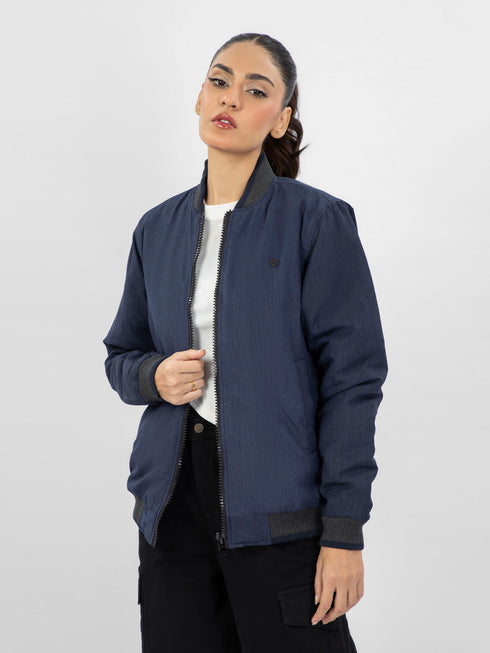 Navy Blue Quilted Bomber Jacket With Contrasting Rib - Women