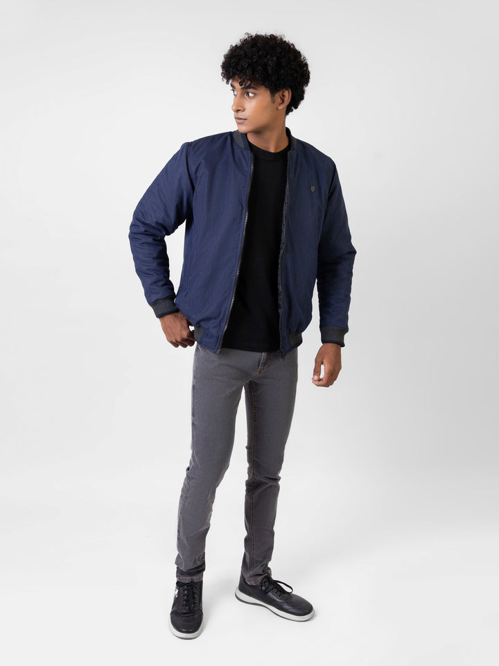 Navy Blue Quilted Bomber Jacket With Contrasting Rib