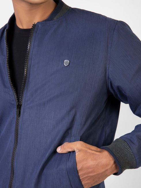 Navy Blue Quilted Bomber Jacket With Contrasting Rib