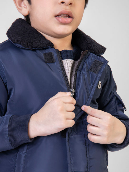 Navy Blue Quilted Casual Jacket With Sherpa Collar