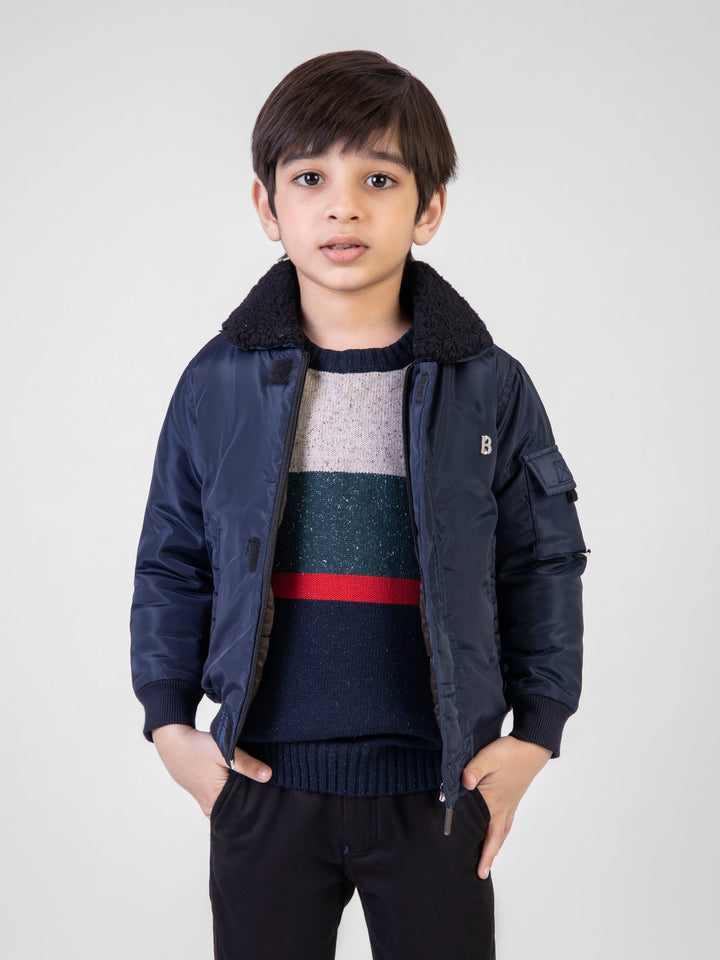 Navy Blue Quilted Casual Jacket With Sherpa Collar