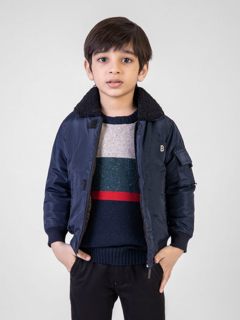 Navy Blue Quilted Casual Jacket With Sherpa Collar