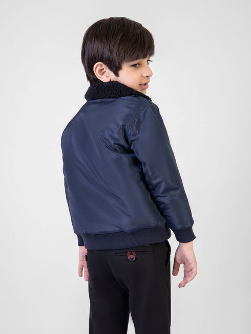 Navy Blue Quilted Casual Jacket With Sherpa Collar