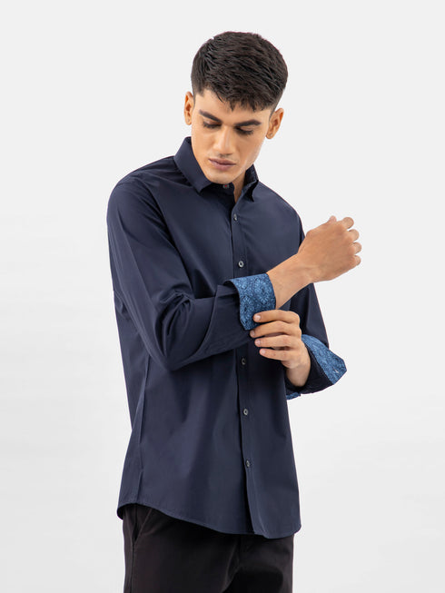 Navy Blue Satin Shirt With Inner Collar Detailing