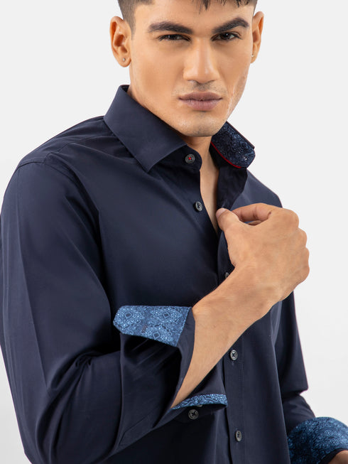 Navy Blue Satin Shirt With Inner Collar Detailing