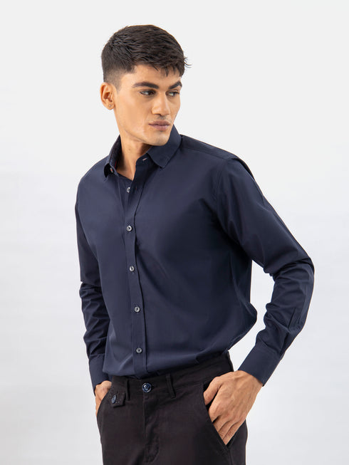 Navy Blue Satin Shirt With Inner Collar Detailing