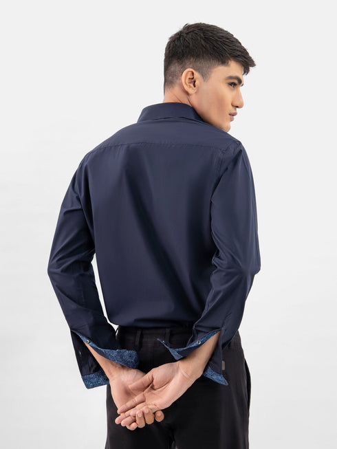 Navy Blue Satin Shirt With Inner Collar Detailing