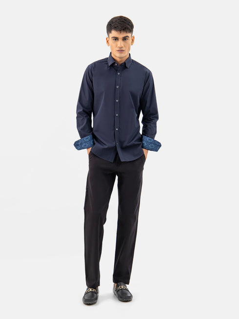 Navy Blue Satin Shirt With Inner Collar Detailing