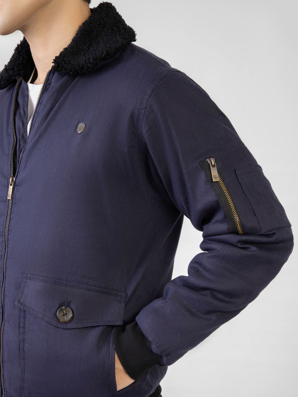 Navy Blue Sherpa Collar Aviator Jacket