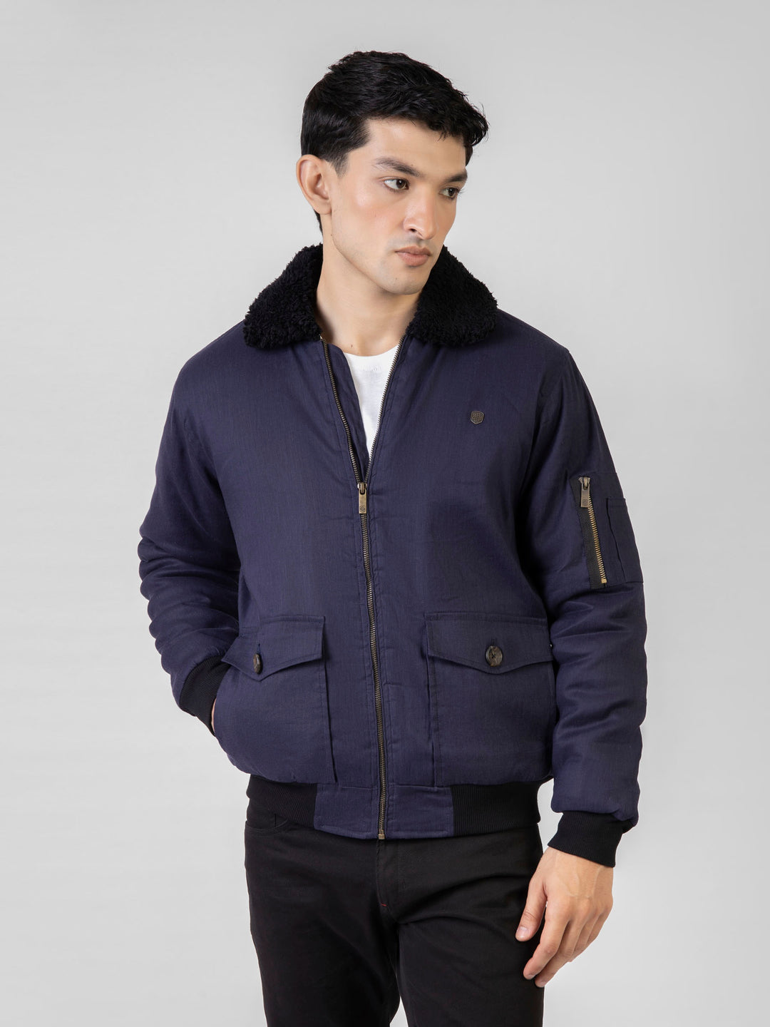 Navy Blue Sherpa Collar Aviator Jacket