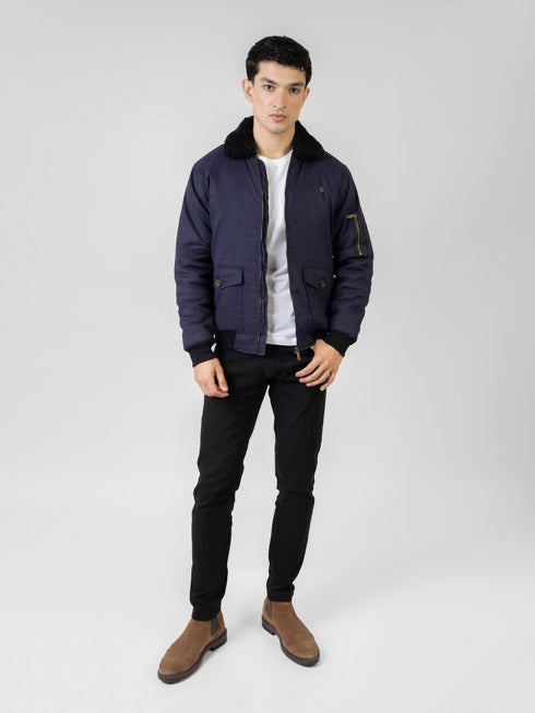 Navy Blue Sherpa Collar Aviator Jacket