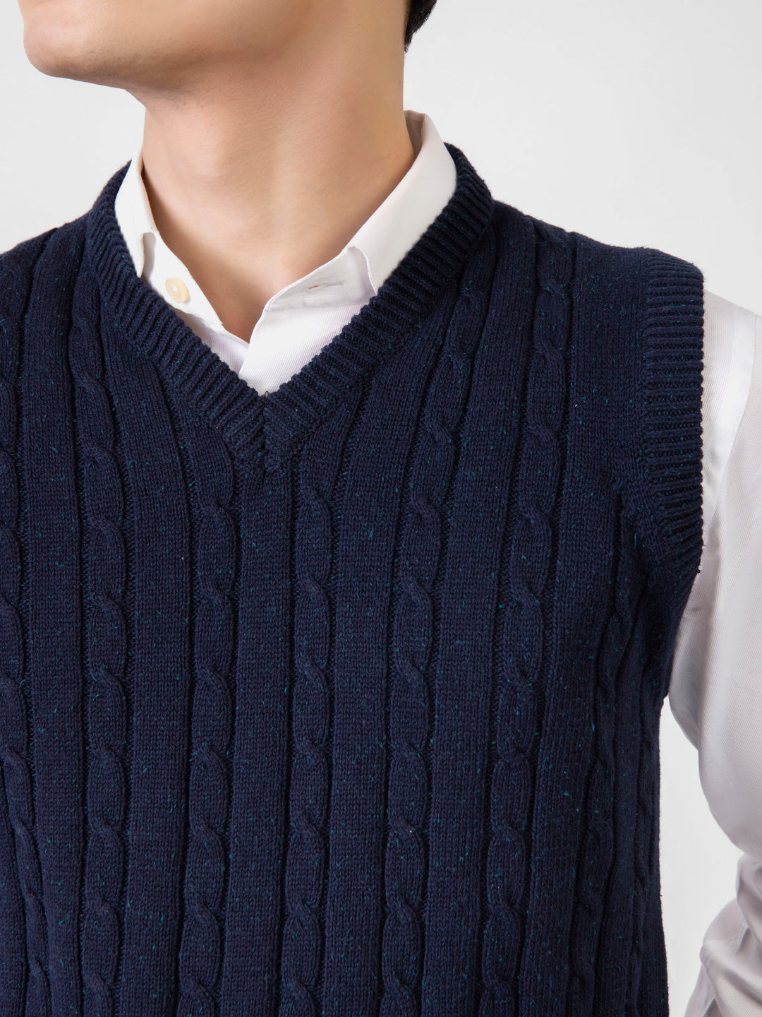 Navy Blue Sleeveless Cable Knitted Sweater