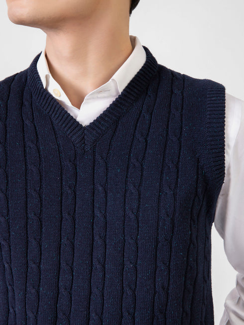 Navy Blue Sleeveless Cable Knitted Sweater