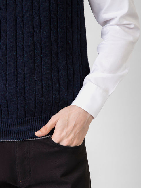 Navy Blue Sleeveless Cable Knitted Sweater