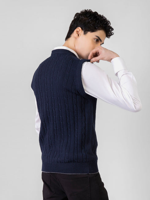 Navy Blue Sleeveless Cable Knitted Sweater