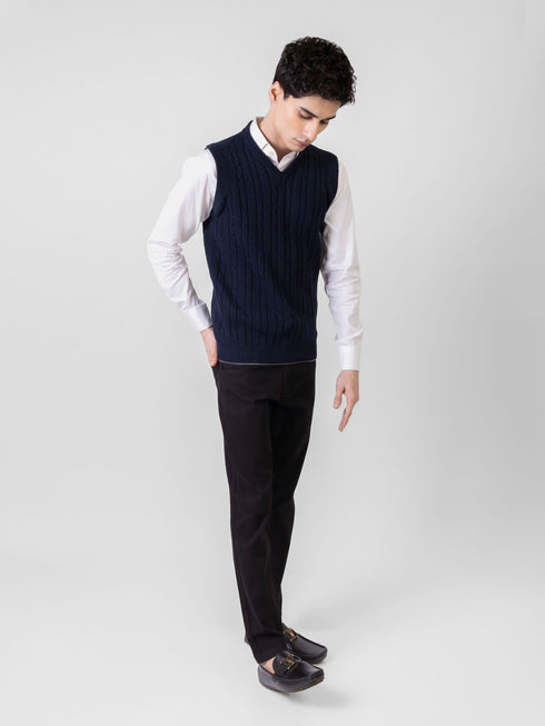 Navy Blue Sleeveless Cable Knitted Sweater