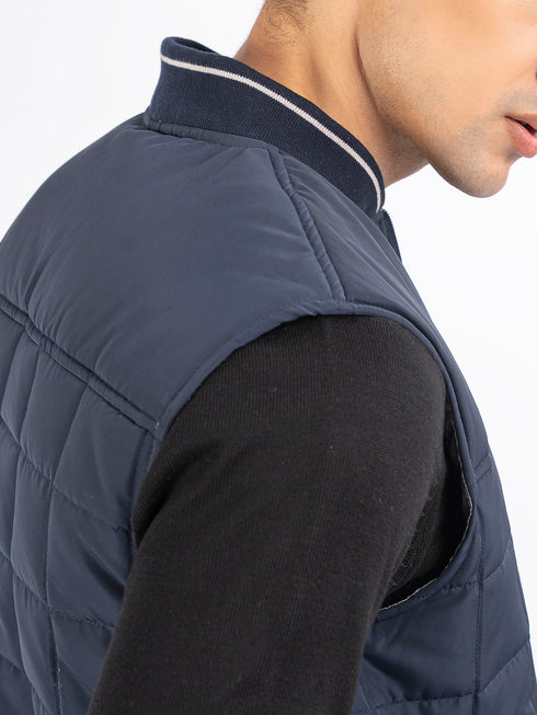 Navy Blue Sleeveless Quilted Jacket With Sporty Baseball Collar