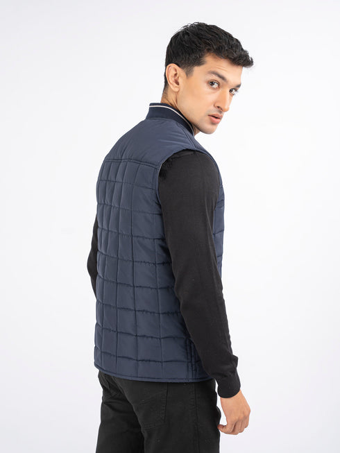 Navy Blue Sleeveless Quilted Jacket With Sporty Baseball Collar