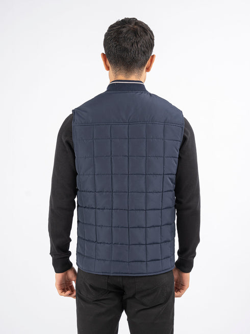 Navy Blue Sleeveless Quilted Jacket With Sporty Baseball Collar