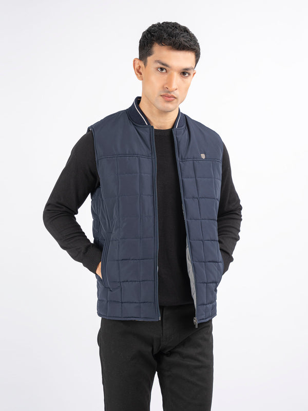 Navy Blue Sleeveless Quilted Jacket With Sporty Baseball Collar