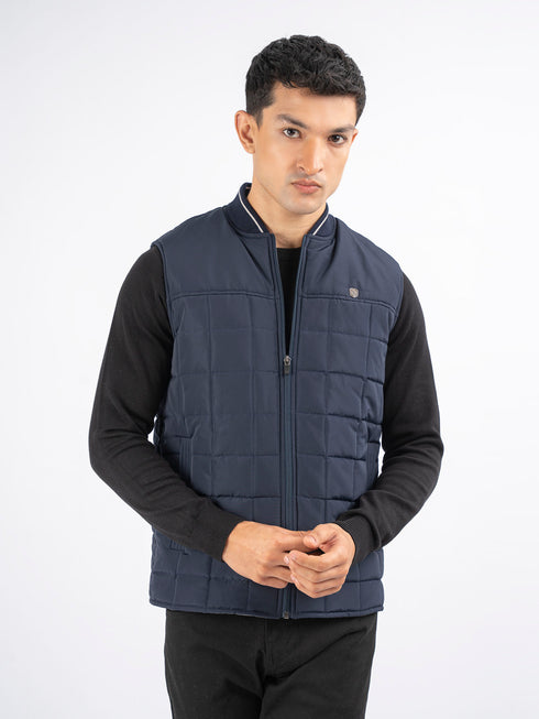 Navy Blue Sleeveless Quilted Jacket With Sporty Baseball Collar