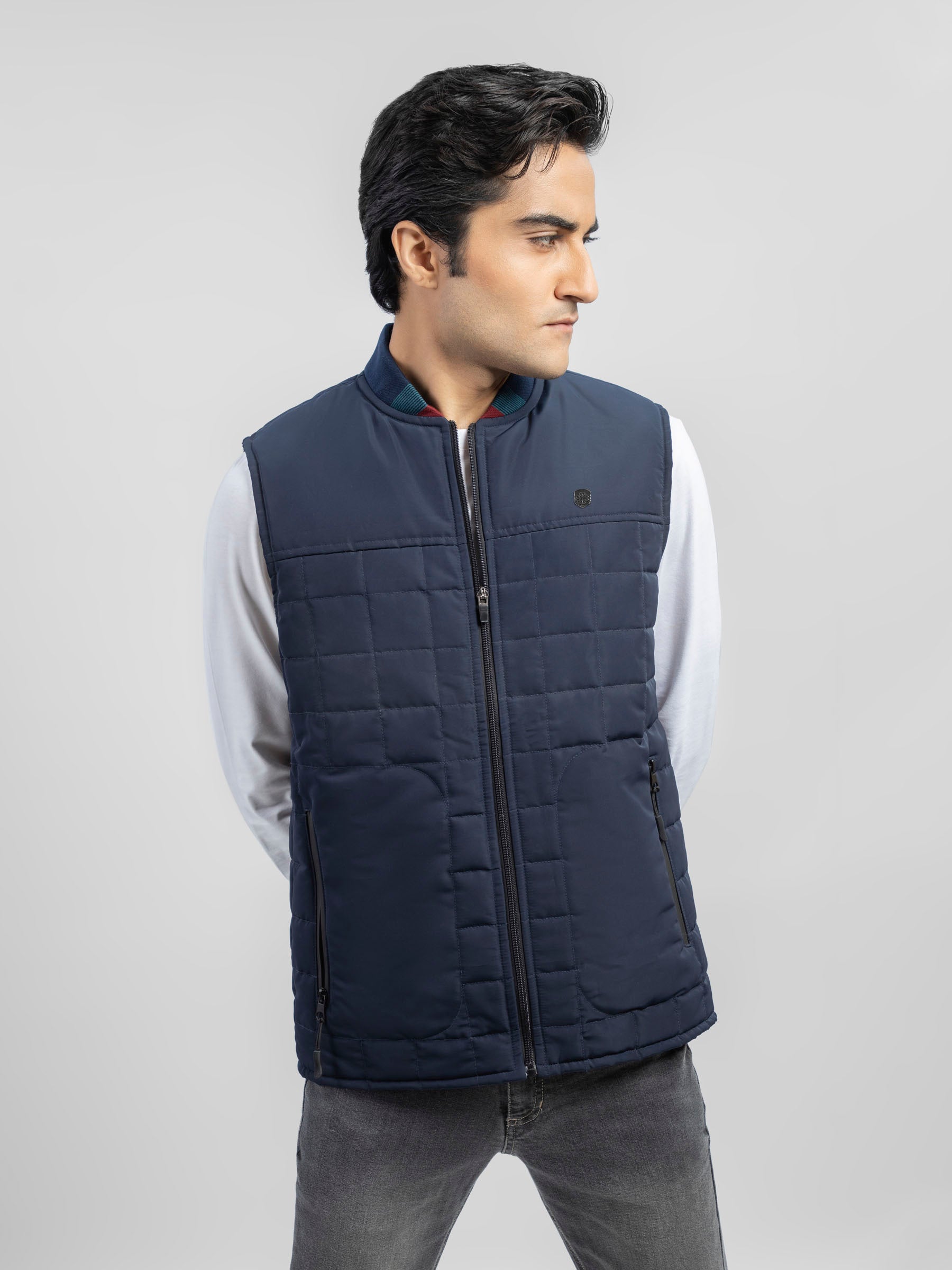Navy Blue Sleeveless Quilted Vest With Sporty Baseball Collar