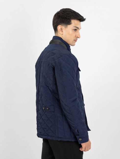 Navy Blue Sporty Quilted Long Coat Jacket