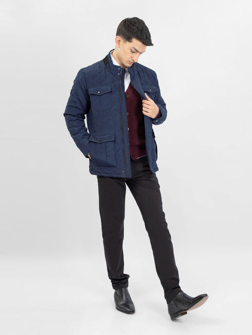 Navy Blue Sporty Quilted Long Coat Jacket