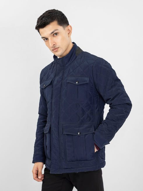 Navy Blue Sporty Quilted Long Coat Jacket